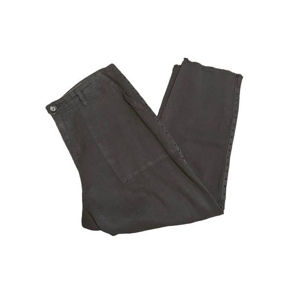 Joie Cropped Pants Size 8 Army Green Linen Blend Fray Hem Studded Straight Leg - Picture 9 of 16